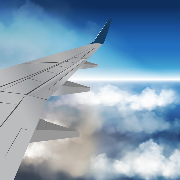 Uma vista panorâmica de um avião com um close-up da asa