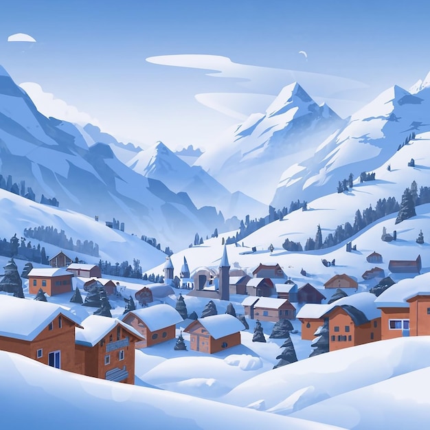 Vetor uma vista panorâmica de uma aldeia coberta de neve ilustração flat design