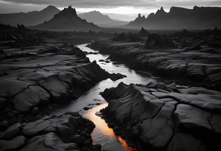 Vetor uma vista panorâmica de uma paisagem dramática com montanhas negras afiadas e um rio sinuoso refletindo luz dourada