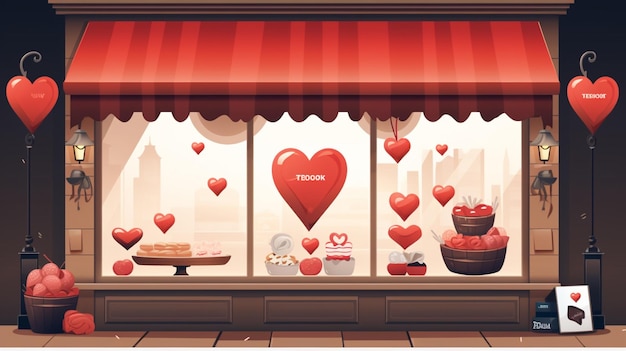 Vetor uma vitrine com uma caixa em forma de coração de chocolates e um toldo vermelho