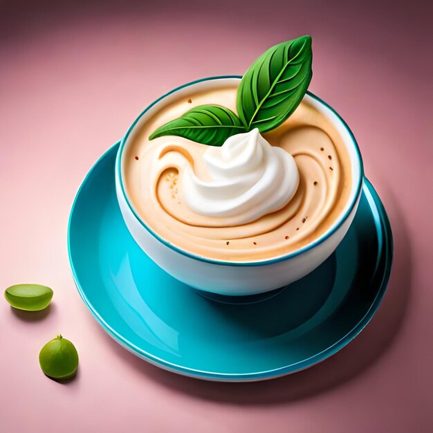 Uma xícara de café com leite com chantilly e folhas verdes por cima.