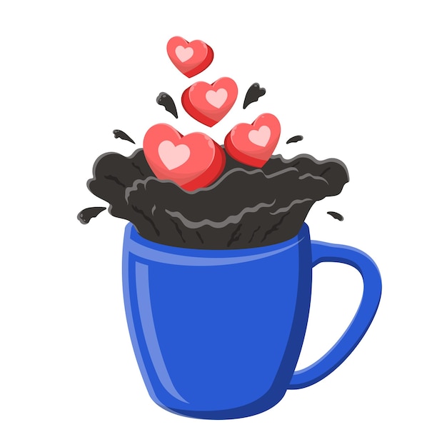 Vetor uma xícara de café que jorra por causa do amor, açúcar em design plano