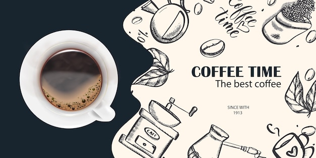 Vetor uma xícara de café um esboço de um banner com grãos de café deixa um moedor de café uma cafeteira em um fundo leitoso claro para um pôster ou outro design de modelo