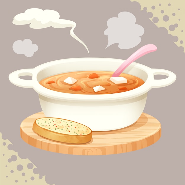 Uma xícara de sopa e alho pão vector