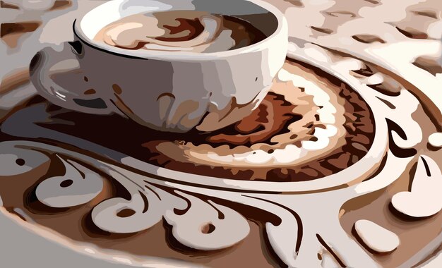 Vetor uma xícara incrível de café e grãos em um fundo de mesa vintage de madeira