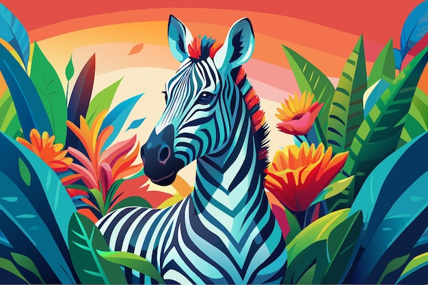 Vetor uma zebra está de pé em uma selva verde exuberante com flores e árvores