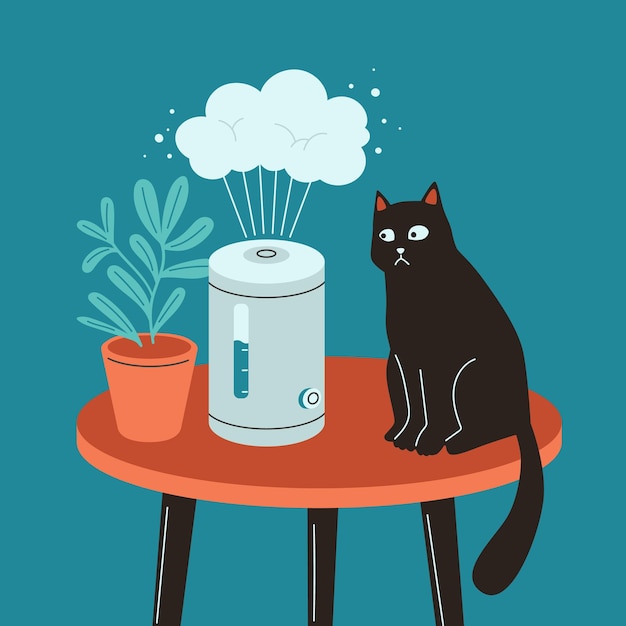 Vetor umidificador com planta da casa e gato preto vaporizador do filtro de ar o gato tem medo de vapor