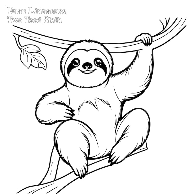 Vetor unau linnaeuss two toed sloth página de colorir desenhada à mão e desenho vetorial de contorno