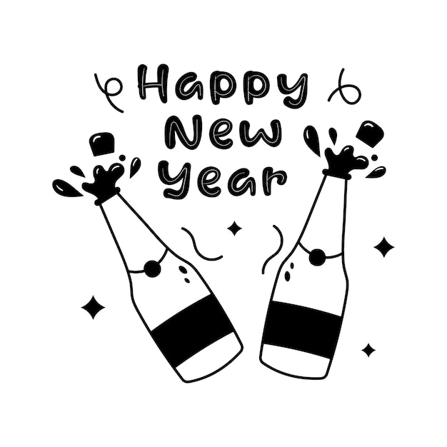 Uncork champagne garrafas mostrando conceito adesivo plano de feliz evento de ano novo adesivo de festa de ano novo