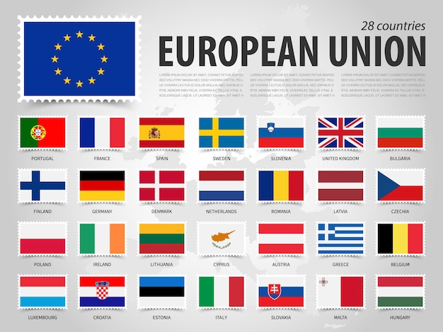 União europeia ue e bandeira do país membro com mapa da europa design de selo retangular plano vetor de elemento