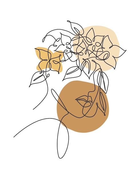 Vetor Única linha contínua desenhando um lindo rosto de mulher com flores natureza beleza vetor de impressão botânica