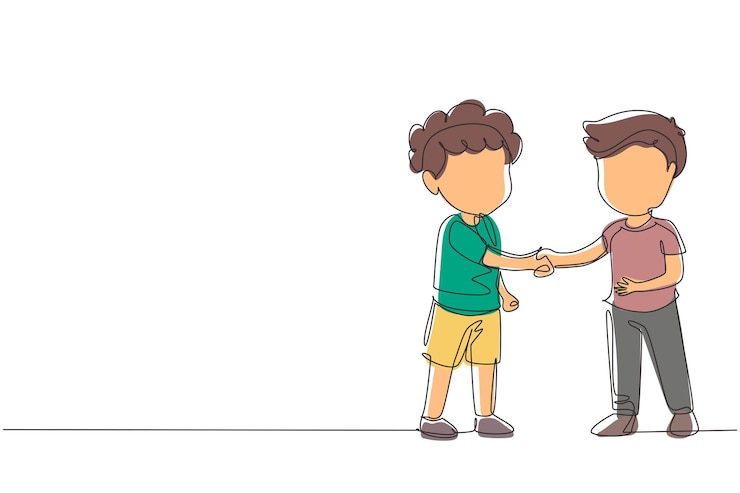 Vetor única linha desenhando meninos de pé e apertando as mãos fazendo amizade crianças se apresentam meninos bonitos tocando uns aos outros39s mão contínua linha desenhar design gráfico ilustração vetorial