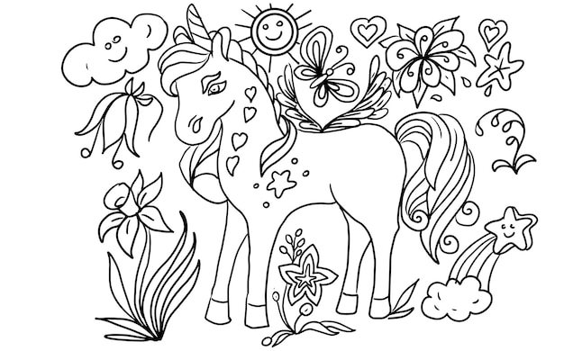 Unicórnio animais flores plantas mundo das fadas livro de colorir para crianças personagem fofa