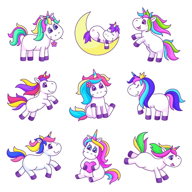 Unicórnio bonito dos desenhos animados unicórnios design moda bebê elementos menina animais gracinha cavalos mágicos e pônei objetos berrantes para aniversário ou conjunto de vetores de festa