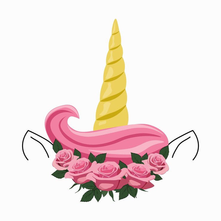 Vetor unicórnio com uma coroa de flores, orelhas de crina de chifre, cartão postal de convite, clip art, sonho como um verdadeiro unicórnio.