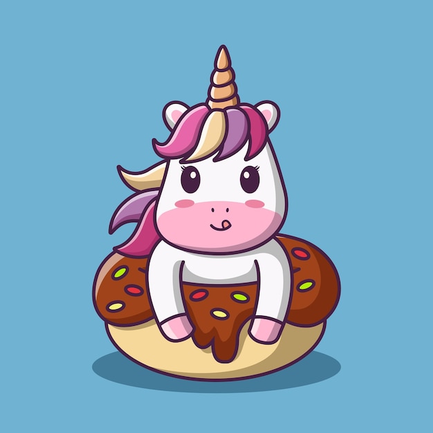 Unicórnio de desenho animado fofo com rosquinha doce vector ilustração de desenho animado clipart