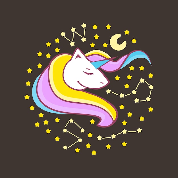 Unicórnio engraçado unicórnio fofo cercado por estrelas e constelações ilustração do design de personagens