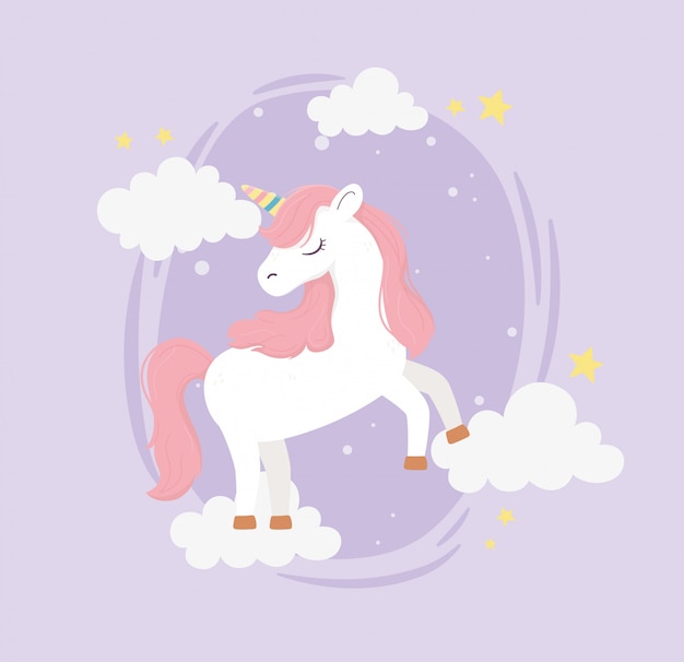 unicórnio estrelas nuvens decoração fantasia sonho mágico bonito desenho animado roxo fundo ilustração