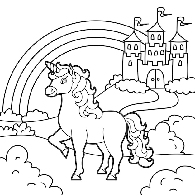 Unicórnio Do Livro Para Colorir Perto Do Castelo Ilustração do Vetor -  Ilustração de estrutura, forte: 67528127