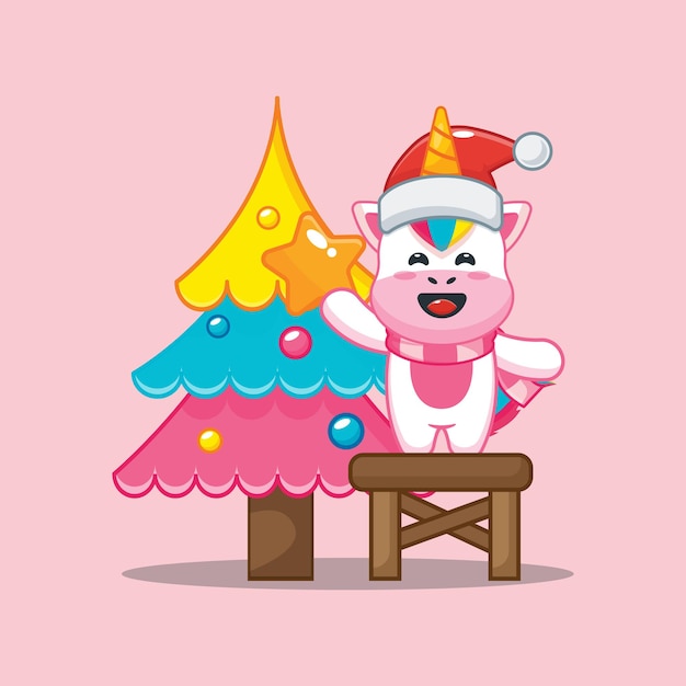 Desenho de unicórnio fofo abraçando árvore de natal kawaii