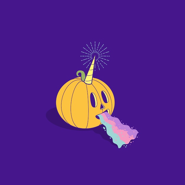 Unicórnio fofo de abóbora de Halloween com arco-íris