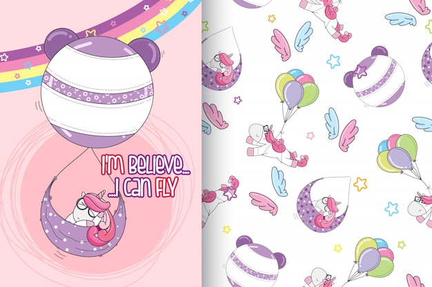 Unicórnio fofo de mão desenhada com padrão vector set-vector