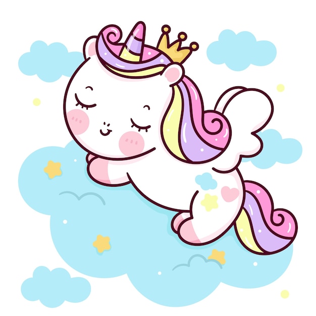 Unicórnio fofo desenho animado princesa pégaso dormindo na nuvem animal kawaii