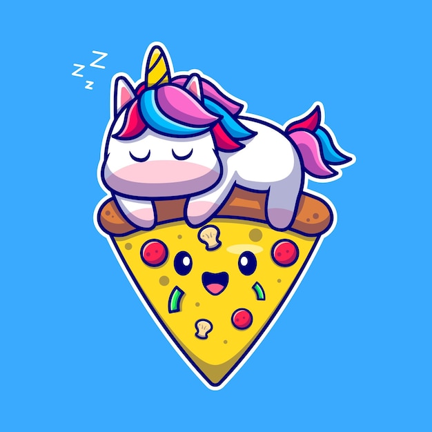 Unicórnio fofo dormindo na personagem de desenho animado de pizza. alimento animal isolado.