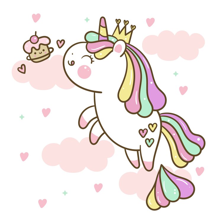 Vetor unicórnio fofo salto no ar para comer desenhos animados de cupcake