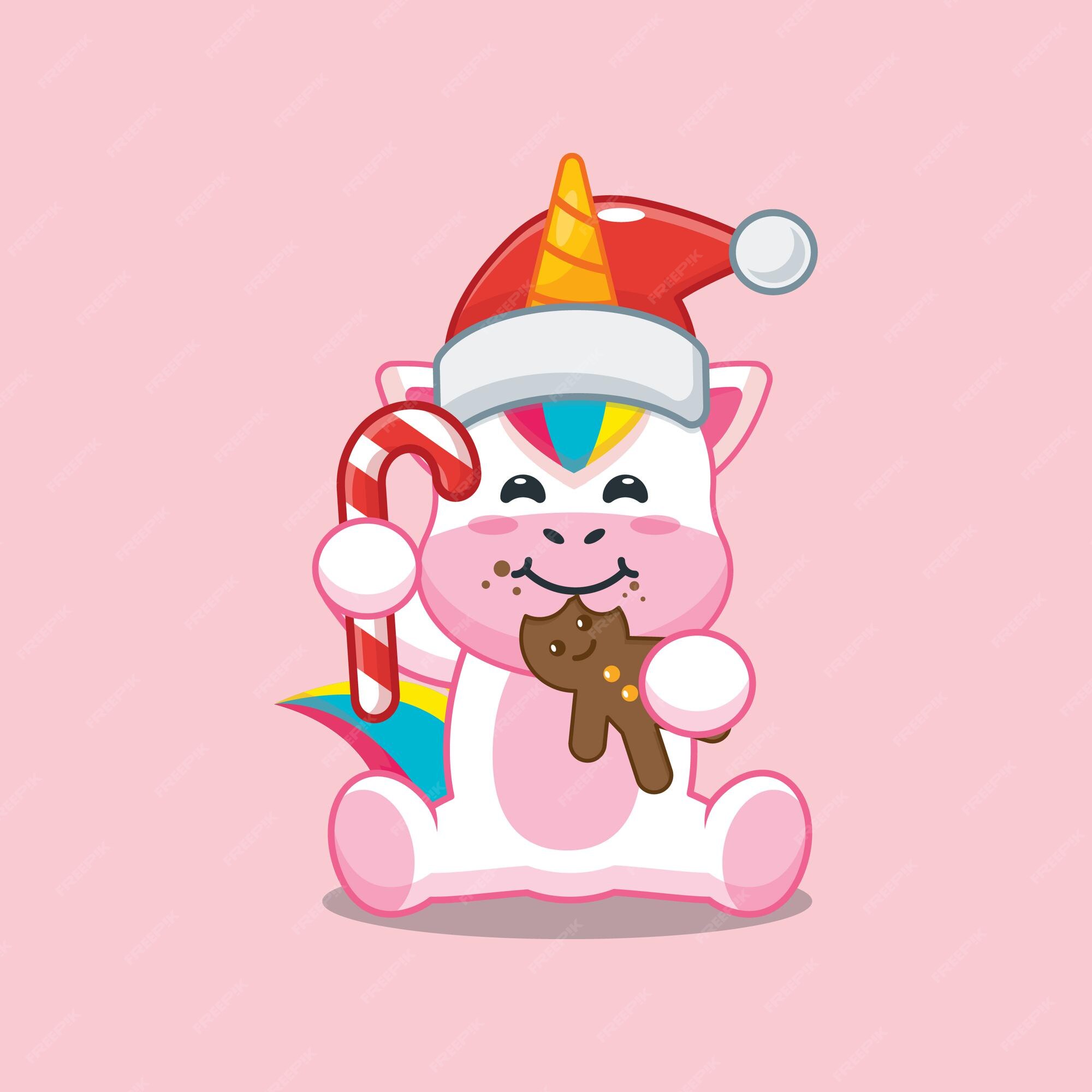 unicórnio papai noel com presente de natal desenho animado kawaii