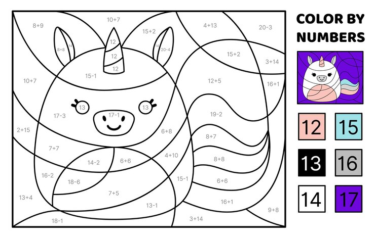 Vetor unicórnio resolva o problema colorir a imagem adição subtração livro de coloração kawaii vetor de desenho animado ilustração de vetor isolado eps 10