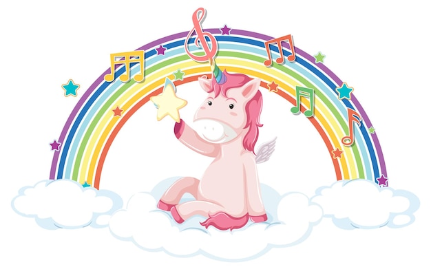 Unicórnio sentado na nuvem com arco-íris e símbolo de melodia