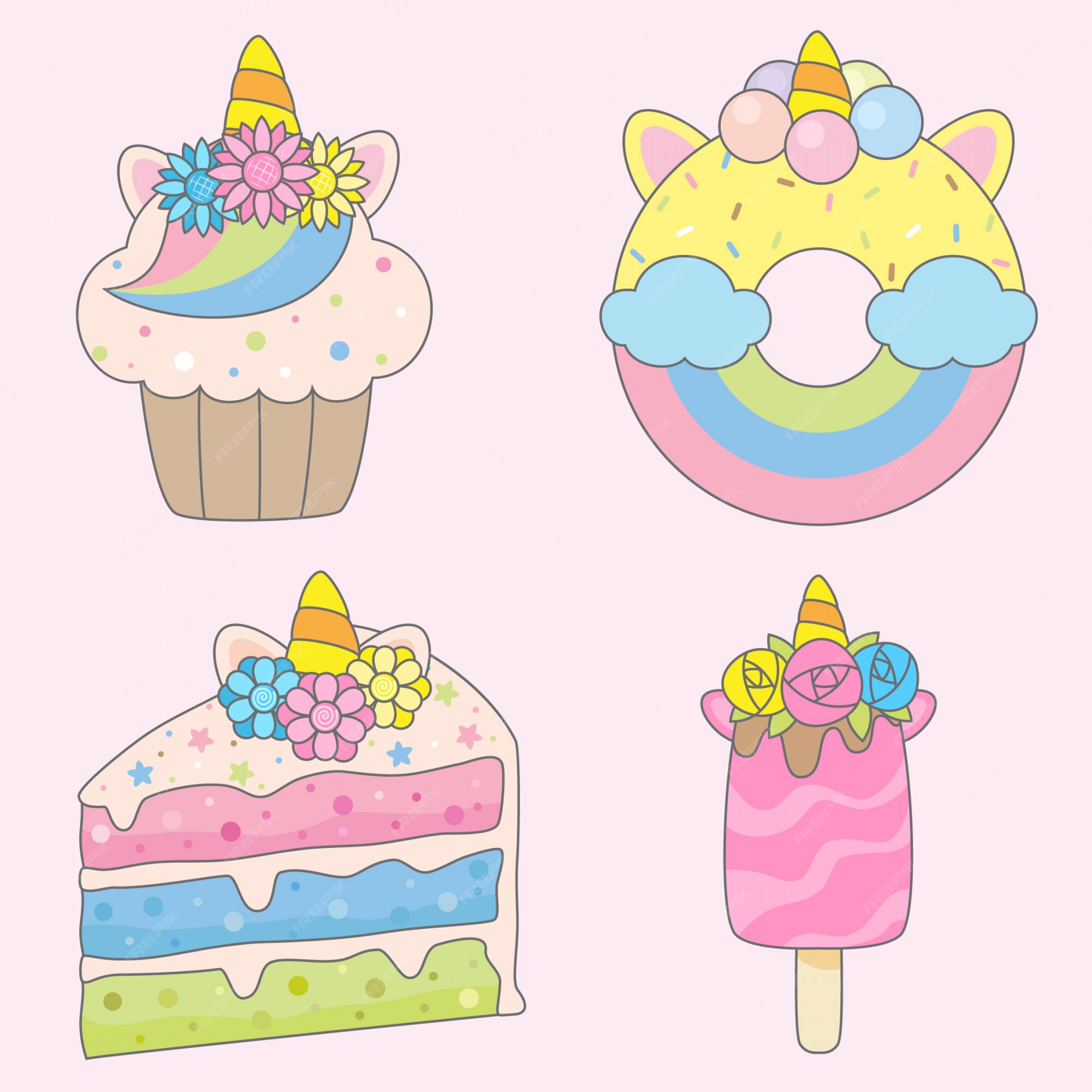 Desenho de cup cake de sobremesas de unicórnio e sorvete para