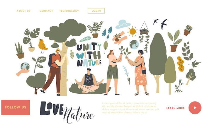 Vetor unidade com a natureza, salvar planeta e modelo de página de destino de proteção de ecologia. personagens meditam ao ar livre, abraçam a árvore, mulheres cuidam das plantas aproveitando a conexão com a flora. ilustração vetorial linear
