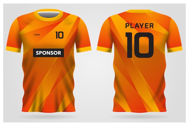 Uniforme de camisa de futebol laranja abstrato para clube de futebol, vista frontal e traseira da camiseta