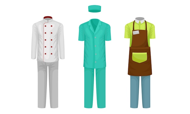 Vetor uniforme de trabalho vector set vestuário e roupa traje para diferentes ocupações coleção de roupas profissionais para realizar o trabalho