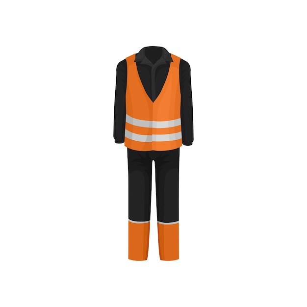 Vetor uniforme tradicional de homem da estrada calças de casaco preto e colete laranja brilhante com listras refletoras roupas de trabalhador da estrada tema de roupas de trabalho desenho vetorial plano colorido isolado em fundo branco