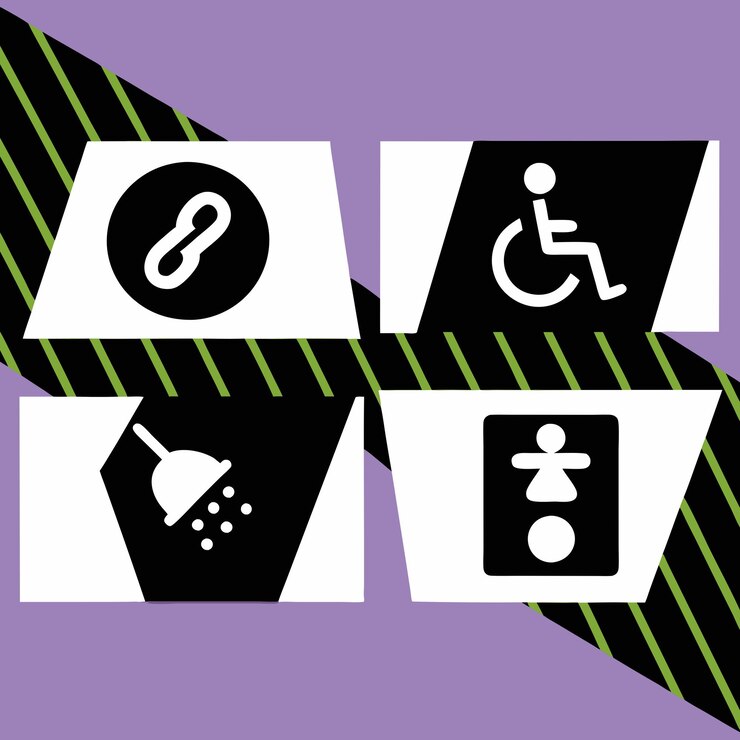 Vetor universal accessibility symbols guia de ícones para chuveiros, banheiros e mais