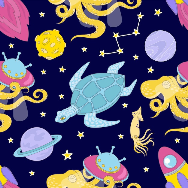 Universe cartoon space sea seamless pattern
