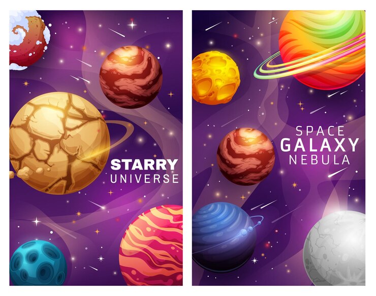 Vetor universo estrelado e cartazes dos desenhos animados da paisagem da nebulosa da galáxia do espaço com planetas e estrelas desenho vetorial. mundo cósmico alienígena com cometas cadentes e estrelas brilhantes, fundo fantástico de exploração espacial