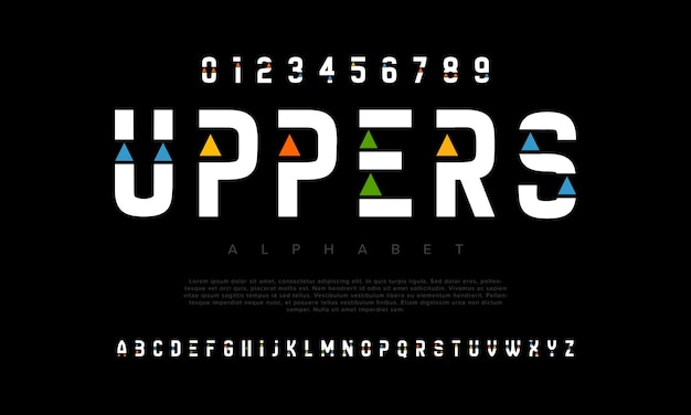 Uppers criativa moderna geométrica alfabeto urbano fonte jogo futurista abstrato digital techno robô música logotipo esporte tecnologia minimal tipografia ilustração vetorial numérica simples