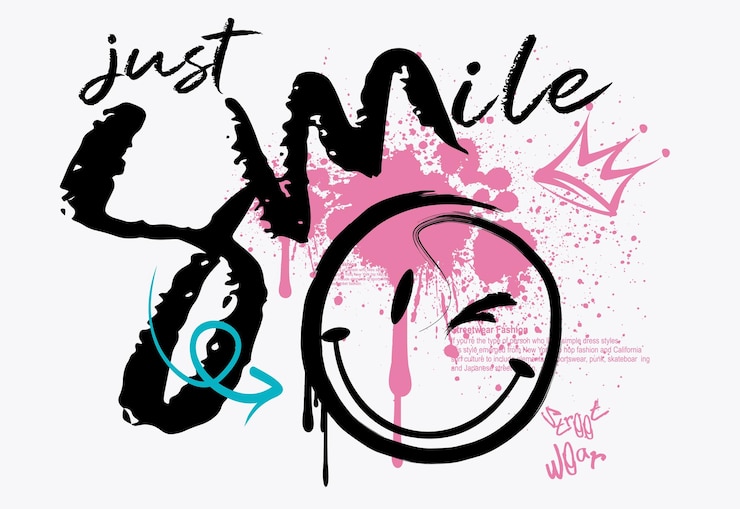 Vetor urbano graffiti estilo arte de rua sorriso slogan derretendo desenhos de rosto ilustração vetorial camiseta de design