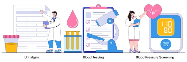 Urinálise, exames de sangue, conceito de triagem de pressão arterial com pessoas pequenas. conjunto de ilustração vetorial abstrata de análise de laboratório clínico. exame de saúde, metáfora de marcadores biológicos.