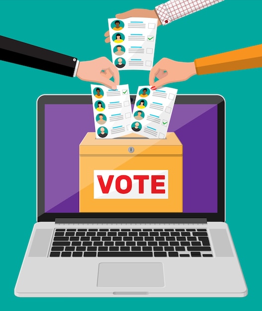 Urna eleitoral, documento com os candidatos na tela do laptop. entregue com projeto de lei eleitoral. votar papel com rostos. ilustração vetorial em estilo simples