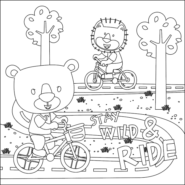 Ursinho fofo andando de bicicleta Livro de colorir gráfico para crianças da moda