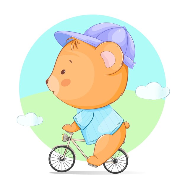 Ursinho fofo andando de bicicleta urso de personagem de desenho animado engraçado