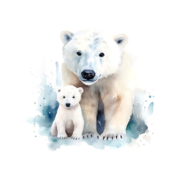 Vetor ursinho polar bonito com mãe aquarela estilo de ilustração de livro infantil em fundo branco