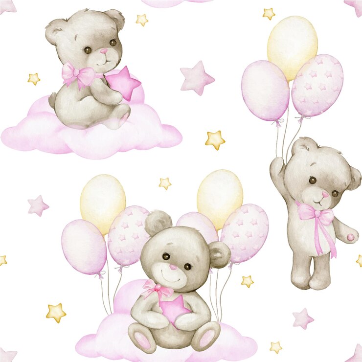 ursinhos de pelúcia balões cor-de-rosa e nuvens estrelas coloridas aquarela padrão sem costura