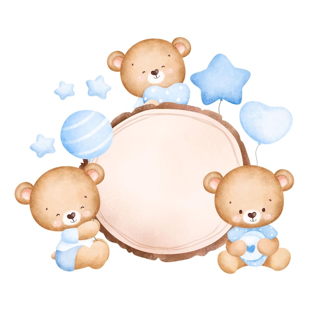 Vetor ursinhos de pelúcia de bebê fofo e placa de madeira