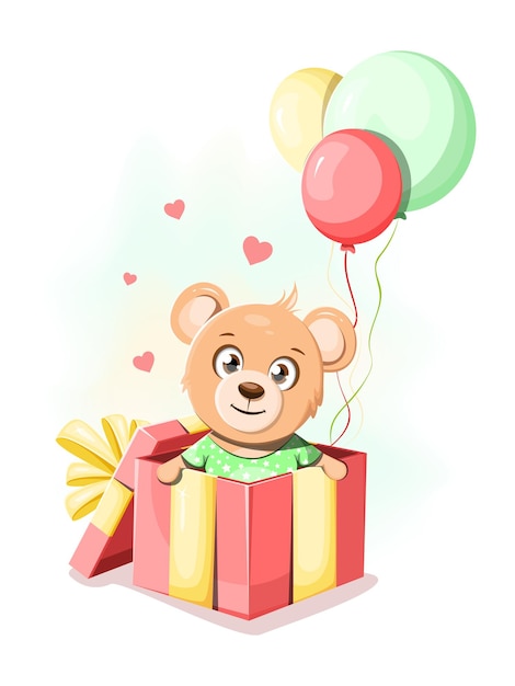 Urso alegre em uma caixa de presente com balões